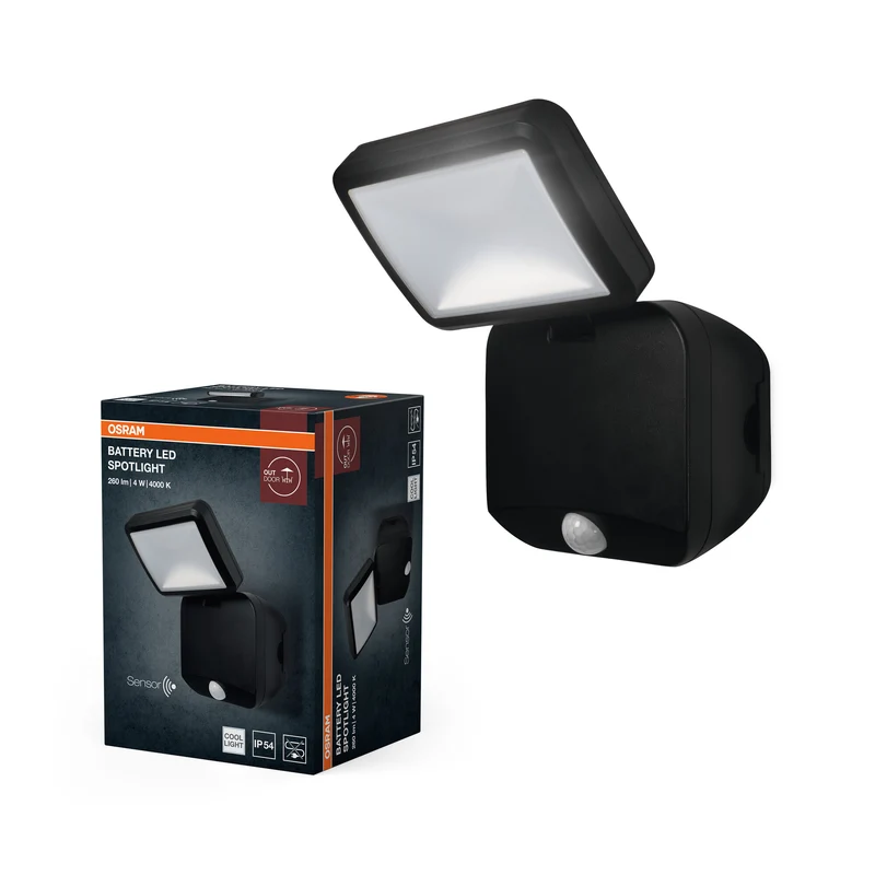 OSRAM Außenleuchte, Battery LED Spotlight, Schwarz, 4W, 4000K, IP54, Bewegungs- und Lichtsensor, batteriebetrieben, einfache Montage, 260 lm