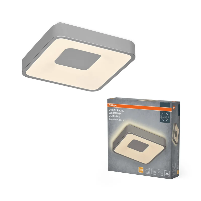 OSRAM Orbis Piana Deckenleuchtre, 290x290 mm, 16W, 3000K, Warmweiß, Click dimmbar, Silber