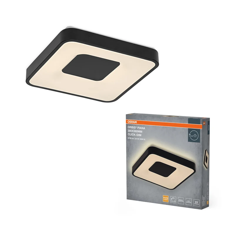 OSRAM Orbis Piana Warmweiß, LED Deckenleuchte, 380x380 mm, 24W, 3000K, Warmweiß, Click dimmbar, Schwarz