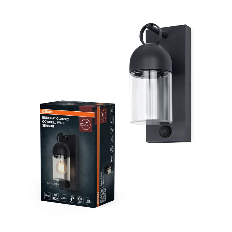 OSRAM Außenwandleuchte, Dark Grey, E27, IP65, Glas, Aluminium, PIR‑Bewegungsmelder, Tageslichtsensor, 25. 000 h Lebensdauer, 0-40 W