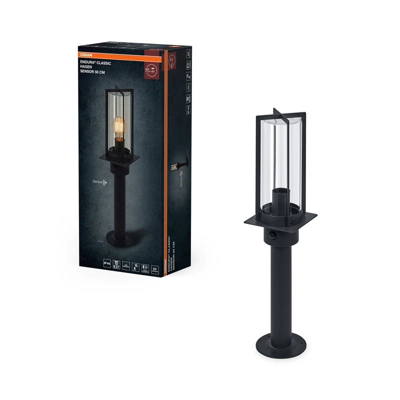 OSRAM Wegeleuchte, Dunkelgrau, E27, 50 cm, IP44, Glasabdeckung, PIR‑Bewegungsmelder, 220–240 V, 0-40 W, 25. 000 h Lebensdauer, IK03