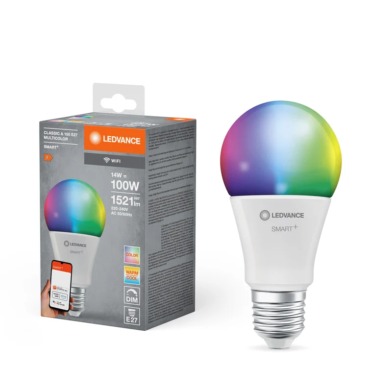 LEDVANCE SMART+ WiFi Classic Multicolour in A-Form, LED-Lampe, Matt, 14 W, (ex 100 W), 1521 lm, RGBW, von 2700 bis 6500 K, Wifi, Google Assistant, Amazon Alexa, Dimmbar