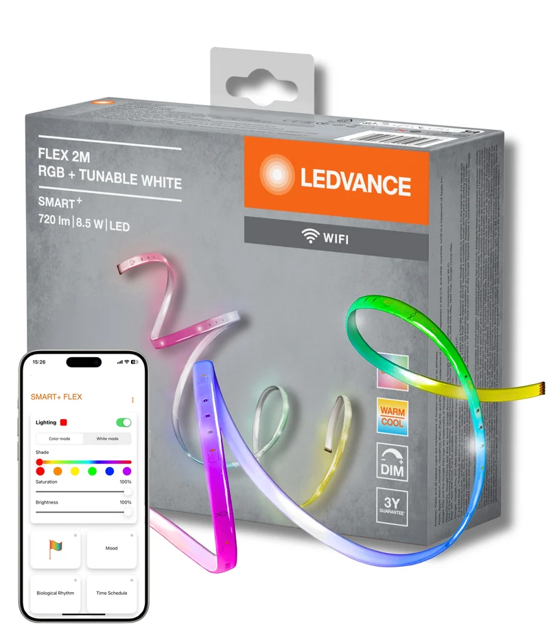 LEDVANCE SMART+ Wifi Flex dekorative LED-Strips 2M RGB + TW, Transparent aus Silikon, IP20-Schutz, für Wohnräume zur indirekten Beleuchtung