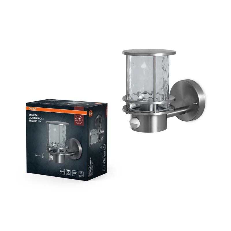 OSRAM ENDURA Classic Außenleuchte mit Bewegungssensor, IP44, Edelstahl in Stahlgrau, E27-Fassung, Leuchtmittel nicht im Lieferumfang enthalten