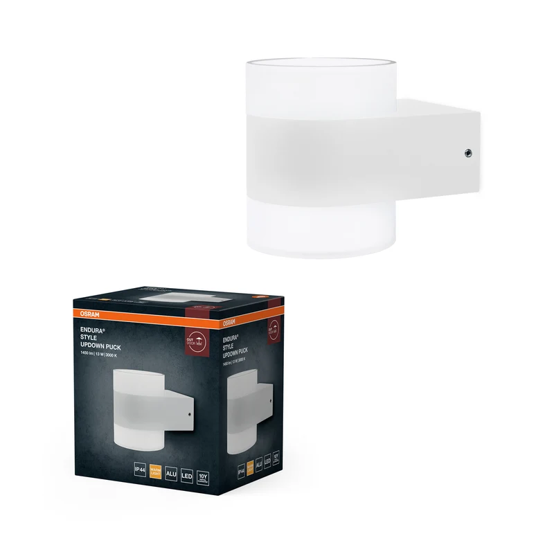 OSRAM UpDown Puck LED Wandleuchte, warmweiß 3000 K, Außenleuchte, 13W, Licht nach oben und unten, IP44, 980lm, Aluminiumdruckguss, Weiß