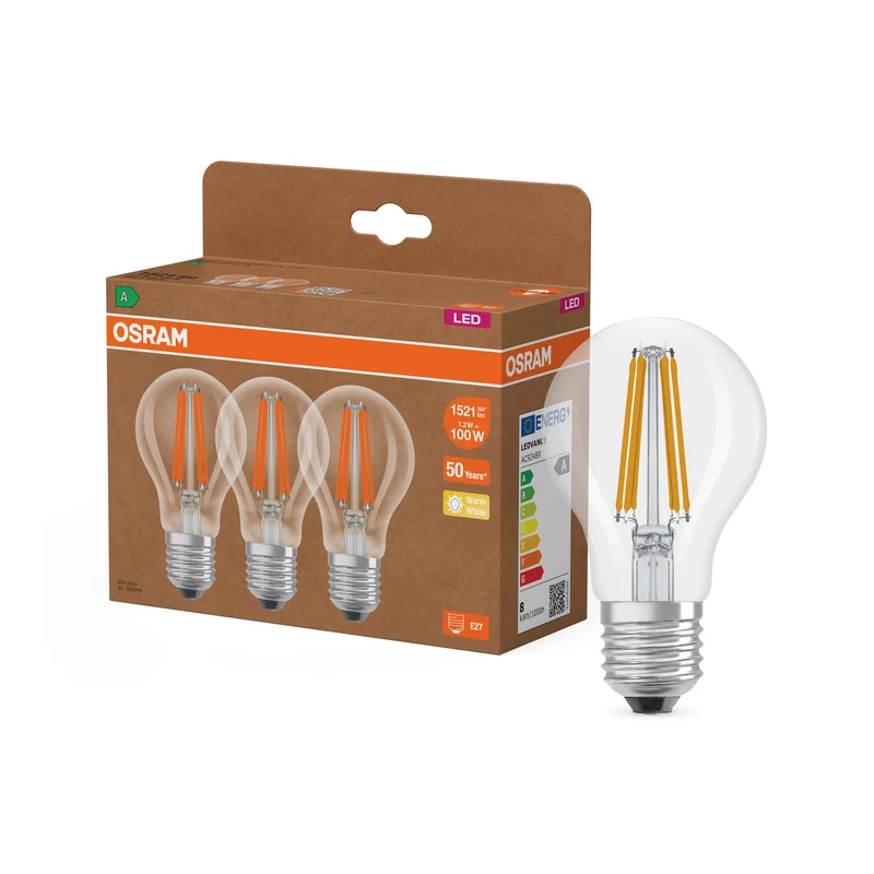 OSRAM LED LAMPS ENERGY CLASS A ENERGY EFFICIENCY FILAMENT CLASSIC A in A-Form, LED-Lampe, Glas, klar, 7,2 W, 1521 lm, 2700 K, Energieeffizienzklasse: A, CRI 80