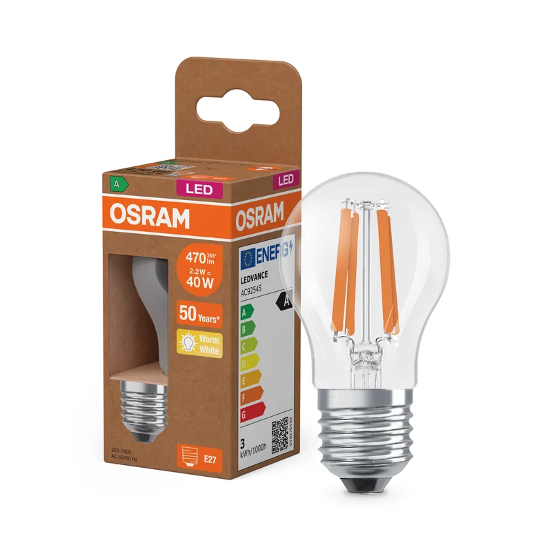 OSRAM LED CLASSIC P ENERGY EFFICIENCY A P-Form LED-Lampe Bleifreies Glas Klar 2,2 W (ex 40 W) 470 lm Warmweiß 2700 K Energieeffizienzklasse: A CRI: 80