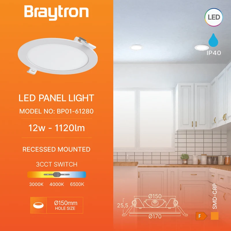 Braytron LED Einbaupanel 12W 3CCT rund Ø170 mm 1120 lm – Weiß