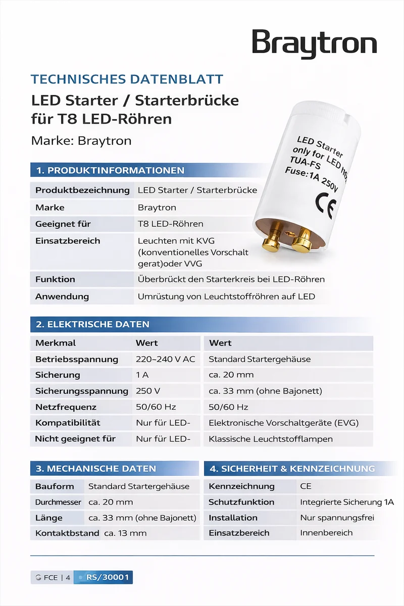 Braytron LED-Röhren-Starter T8 – Starterbrücke zur Umrüstung