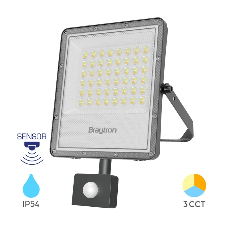 Braytron LED Flutlichtstrahler mit Bewegungsmelder 50W 5.500 lm 3CCT IP54 – Grau