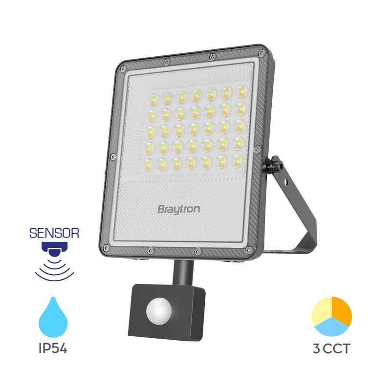 Braytron LED Flutlichtstrahler mit Bewegungsmelder 30W 3.300 lm 3CCT IP54 – Grau