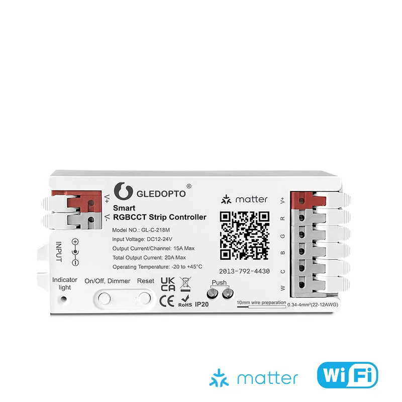 Matter RGB+CCT LED Controller (5-Kanal) – 12–24V, 20A, für Apple/Google/Alexa