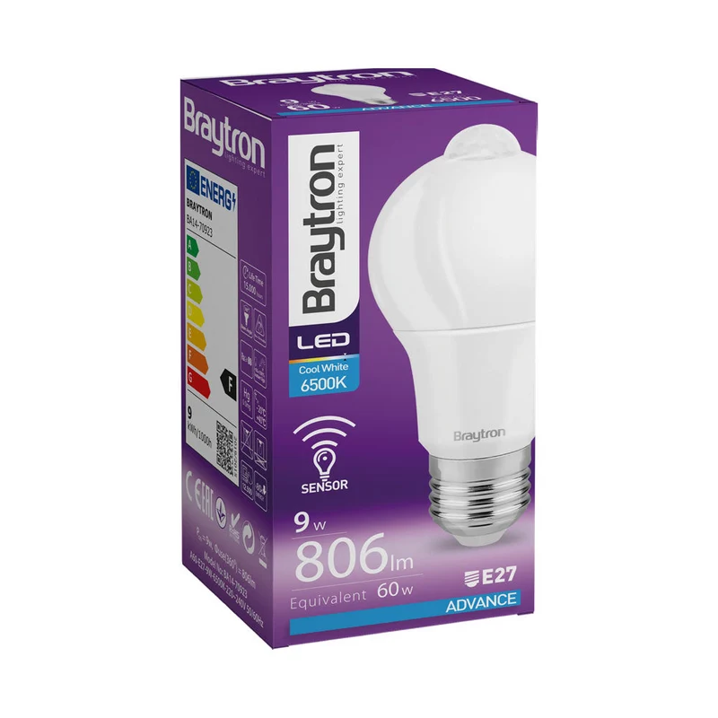 Braytron LED-Lampe E27 9W 6500K Kaltweiß A60 806 lm mit PIR-Sensor – Weiß