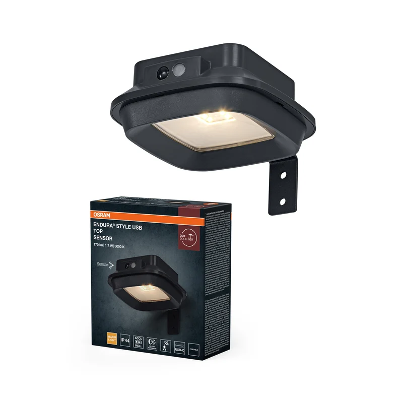 OSRAM Außenwandleuchte, Dunkelgrau, 3000 K, 120 lm, 120° Abstrahlwinkel, IP44, Lithium‑ion Akku, USB‑C Ladekabel, PIR‑Bewegungsmelder, 1,7 W, 25. 000 h Lebensdauer