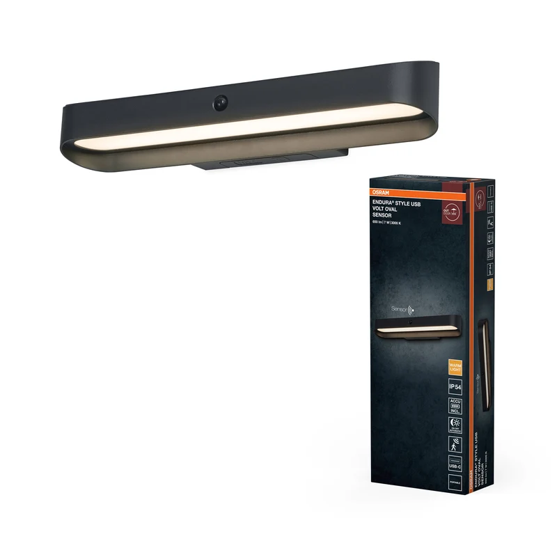 ENDURA Style USB Volt Außenwandleuchte, Dark grey, 7,00 W, 265 lm, 3000 K, 108° Abstrahlwinkel, 50. 000 h Lebensdauer, IP54, Akku mit USB‑C, Bewegungsmelder, Aluminium