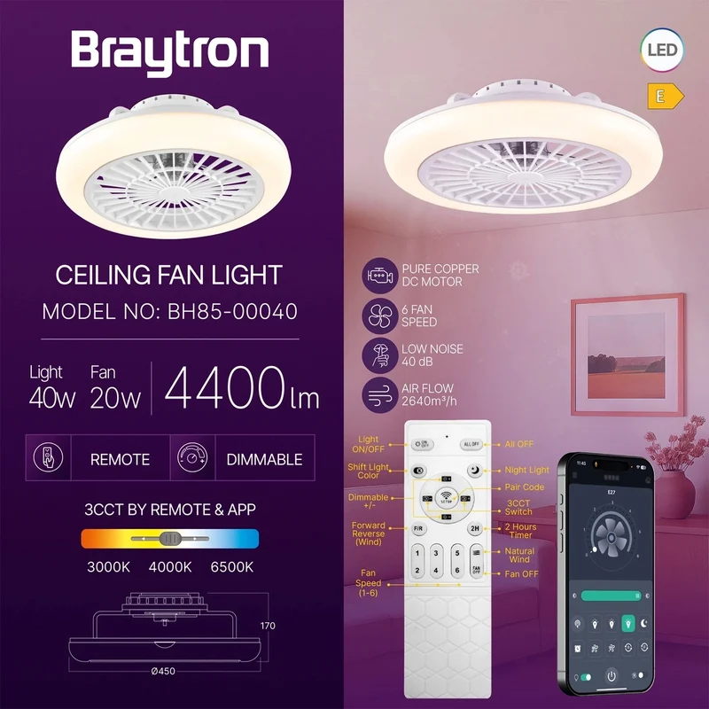 Braytron LED Deckenventilator Fancy mit Licht 3200 lm 3CCT dimmbar mit App & Fernbedienung Ø45cm – Weiß