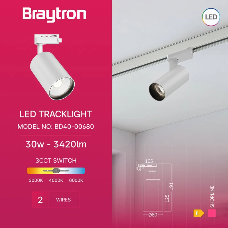 Braytron LED Schienenstrahler 30W 1-Phasen 3 Lichtfarben 3420 lm dreh- und schwenkbar – Weiß