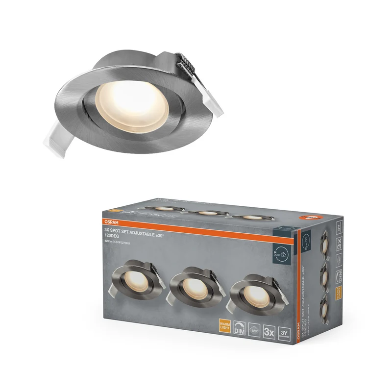 OSRAM LED Spot Recess Einbaustrahler Set DIM 4.9W 120° Satin-Nickel ⌀75 mm