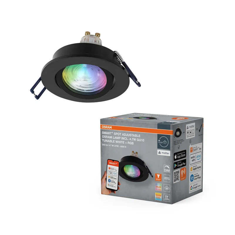 OSRAM Matter SMART+ LED smarter Einbauspot Bad GU10 schwenkbar 4.7W RGBW Schwarz ⌀68 mm