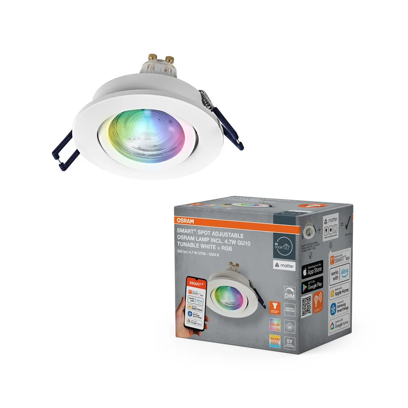 OSRAM Matter SMART+ LED smarter Einbauspot Bad GU10 schwenkbar 4.7W RGBW Weiß ⌀68 mm