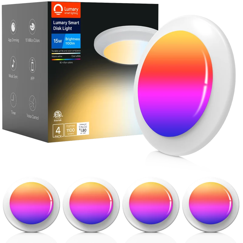 Refurbished Lumary Wi-Fi Smart LED Disk Ceiling Light 15W 5/6 inch 4 PCS (Model A)