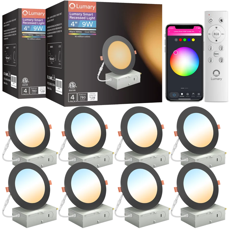 Lumary Wi-Fi Smart Ultra-thin Recessed Lighting Black 4 inch 8PCS (With Remote Controller)