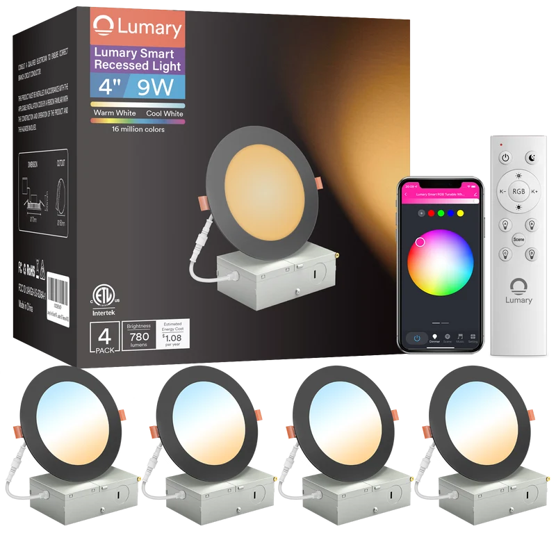 Lumary Wi-Fi Smart Ultra-thin Recessed Lighting Black 4 inch 4PCS (With Remote Controller)