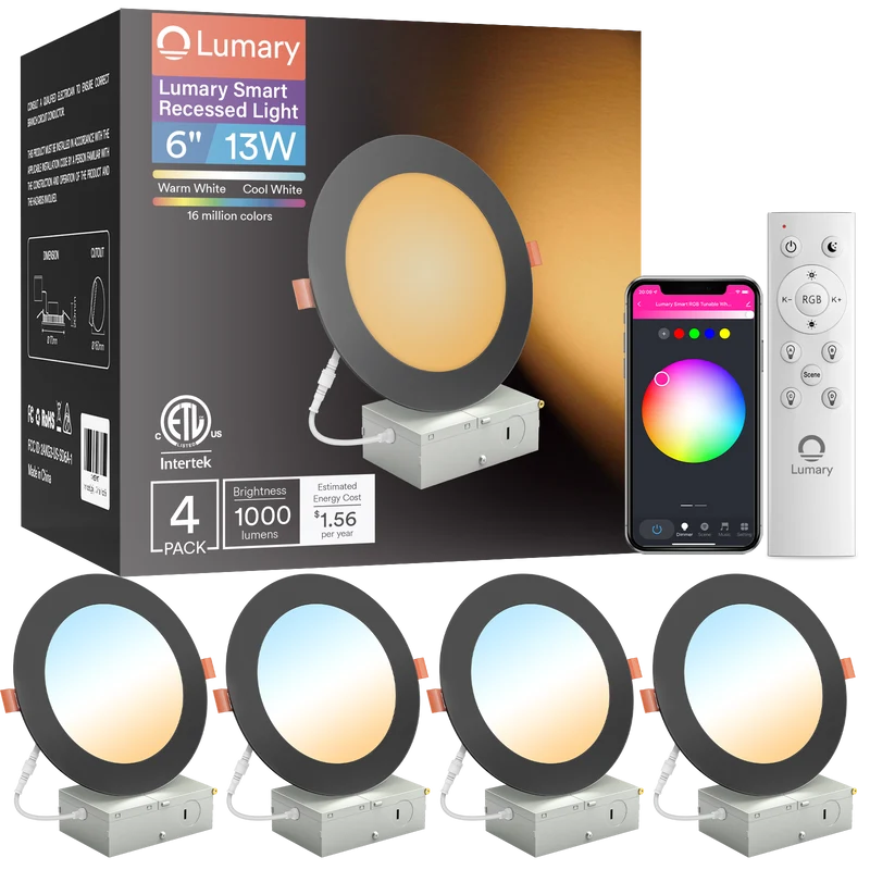 Lumary Wi-Fi Smart Ultra-thin Recessed Lighting Black 6 inch 4PCS