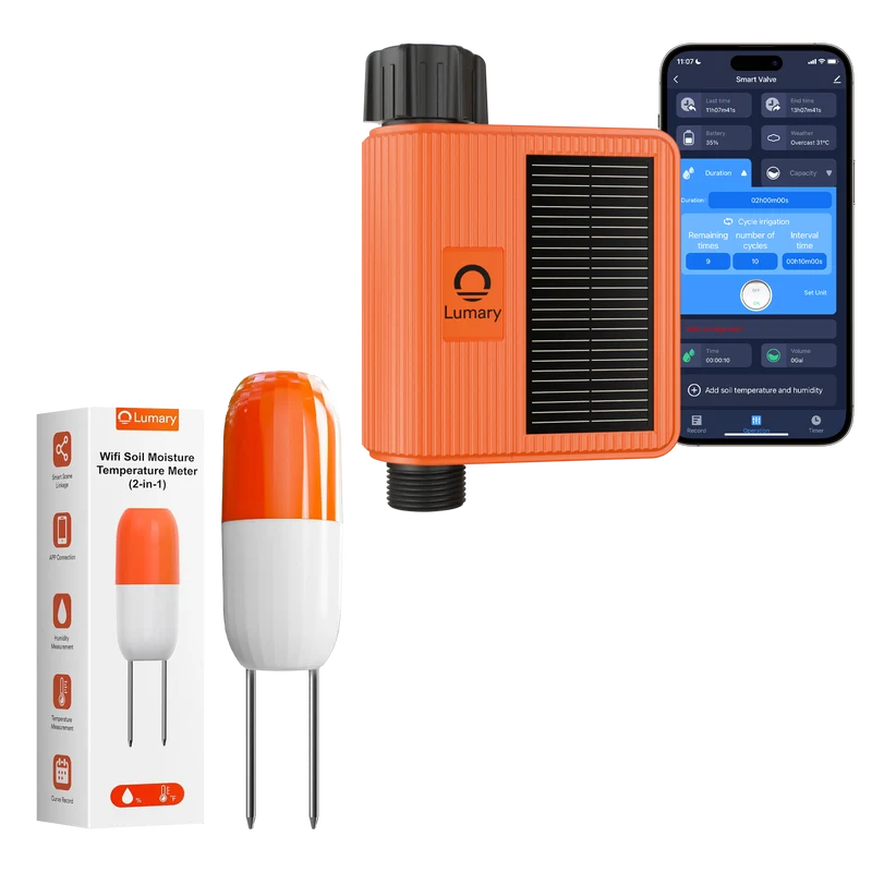 Lumary WiFi Solar Water Timer with Temperature Soil Meter