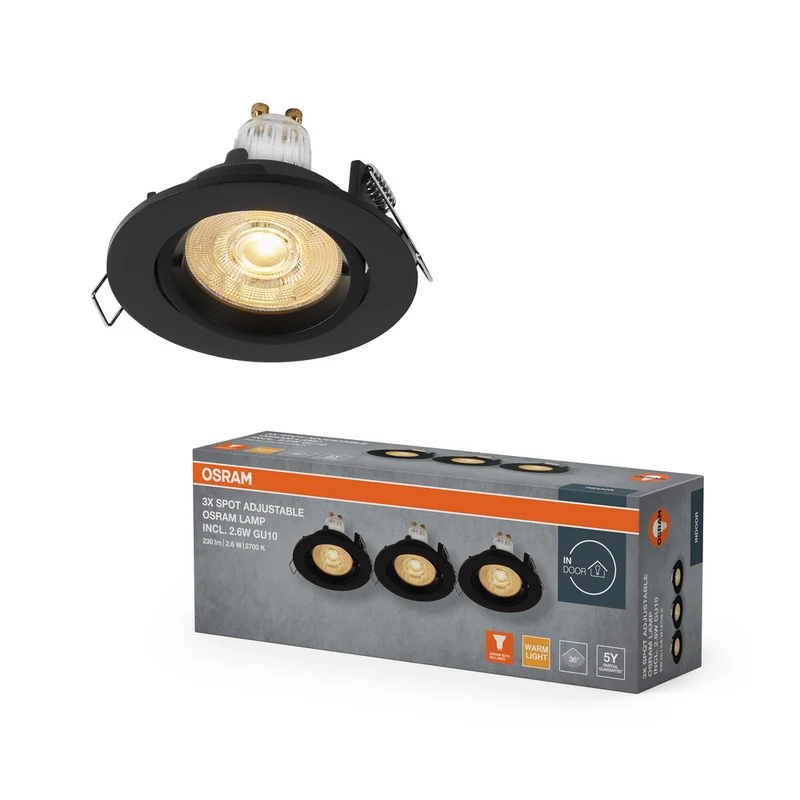 OSRAM LED Spot Recess Einbaustrahler Set Twistlock GU10 schwenkbar 2.6W 827 Schwarz ⌀75 mm