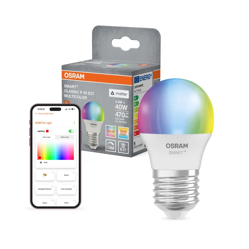OSRAM SMART+ MATTER Classic shapes Multicolor in P-Form, LED-Lampe, Matt, 4,9 W, 470 lm, von 2700 bis 6500 K, Matter, Smartspeaker-Kompatibel, Dimmbar