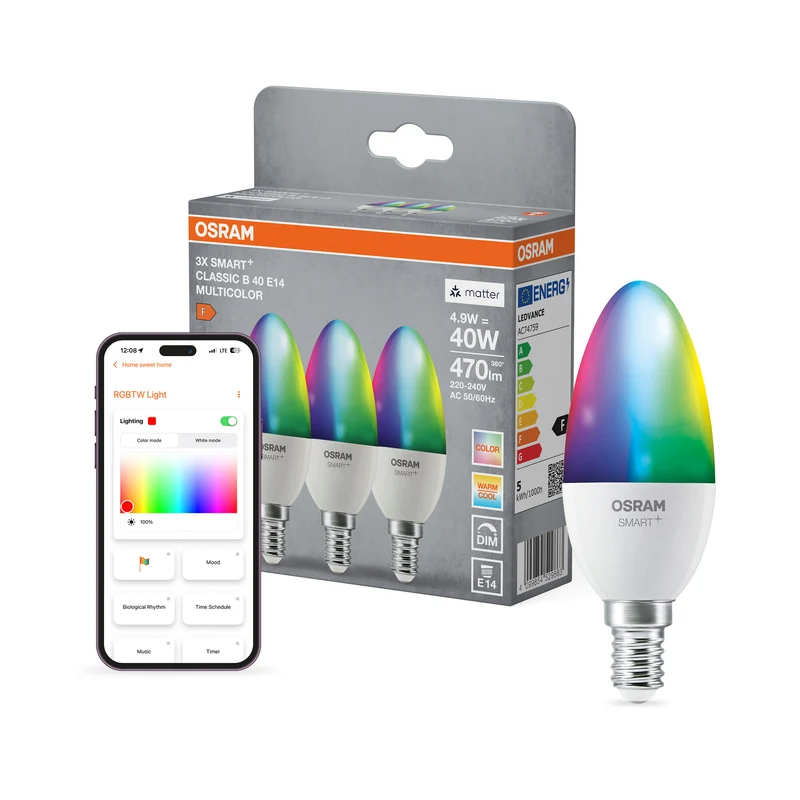 OSRAM SMART+ MATTER Classic shapes Multicolor in B-Form, LED-Lampe, Matt, 4,9 W, 470 lm, von 2700 bis 6500 K, Matter, Smartspeaker-Kompatibel, Dimmbar