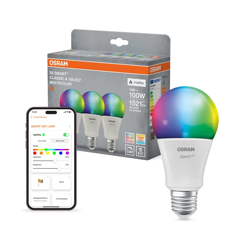 OSRAM SMART+ MATTER Classic shapes Multicolor in A-Form, LED-Lampe, Matt, 14 W, 1521 lm, von 2700 bis 6500 K, Matter, Smartspeaker-Kompatibel, Dimmbar