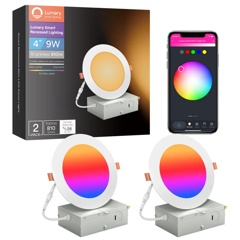 Lumary Wi-Fi Smart Recessed Canless Lighting Slim Panel Lights RGB Downlight 4” 9W 2PCS