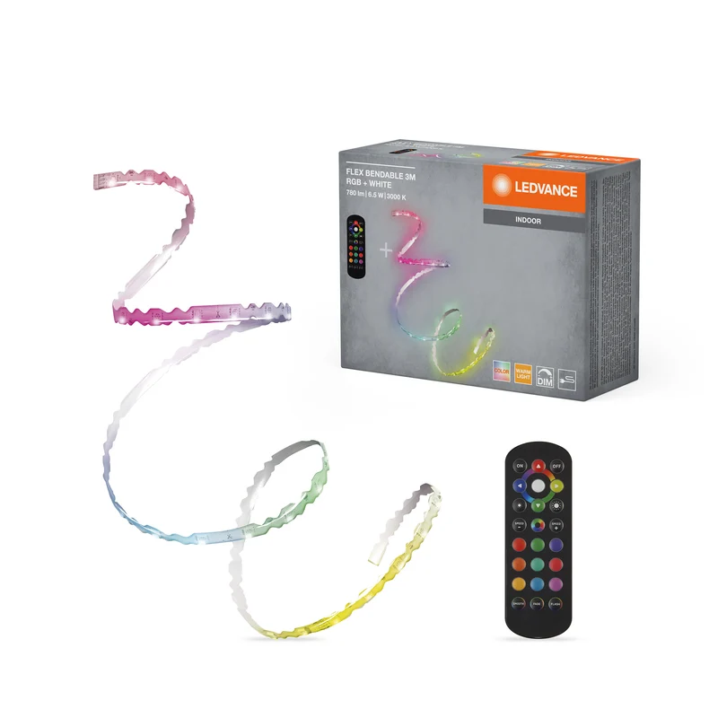 LEDVANCE Flex Bendable RGBW LED Streifen 3M, inkl. Fernbedienung, selbstklebend, dimmbar, mit Batterie und Montagezubehör