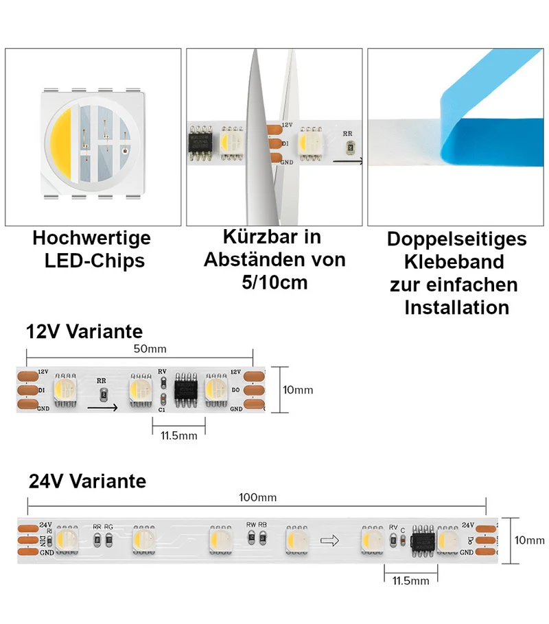 12V/24V WS2814 LED-Streifen adressierbar RGBW 12W/m – Segmentsteuerung