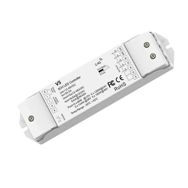 Großer RGB+CCT LED-Controller 12–48 V, 5-Kanal – RF 2,4 GHz