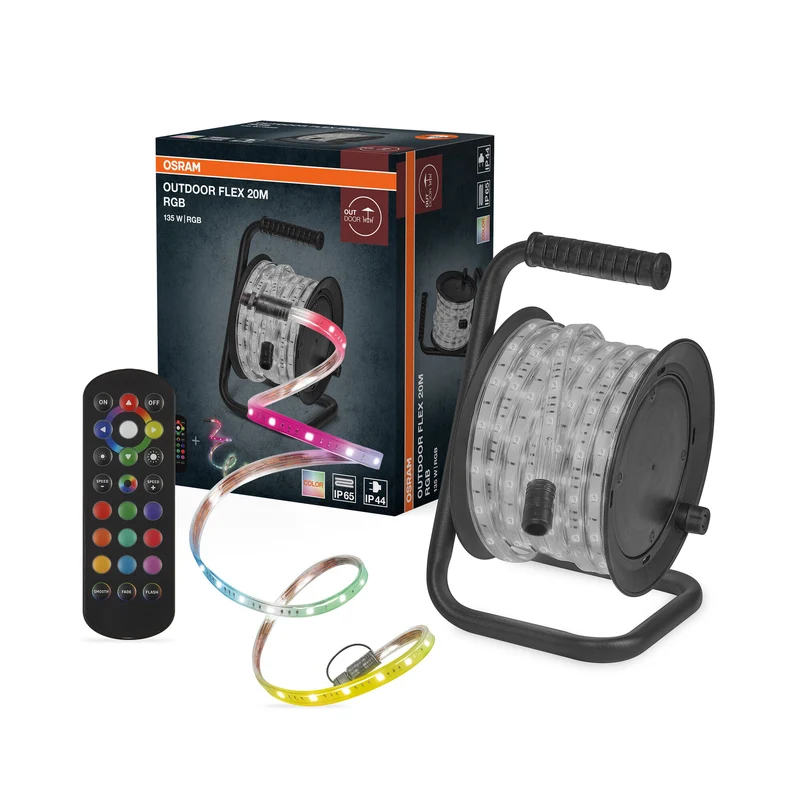 OSRAM Outdoor Flex RGB LED Streifen 20M IP65, inkl. Fernbedienung, bis 50 m erweiterbar, mit Kabeltrommel, Anschlusskabel, Zubehör
