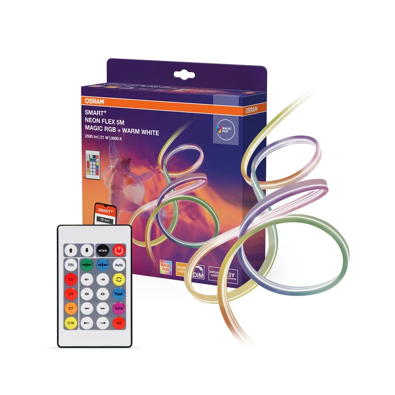 OSRAM Wifi SMART+ NEON FLEX MAGIC RGB + WARM WHITE LED-Lichtstreifen, 5m, 2500lm, 21W, 3000K, mit Fernbedienung