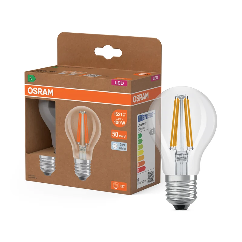 OSRAM LED LAMPS ENERGY CLASS A ENERGY EFFICIENCY FILAMENT CLASSIC A in A-Form, LED-Lampe, Bleifreies Glas, Klar, 7,2 W, 1521 lm, Kaltweiß, Energieeffizienzklasse: A, 2er