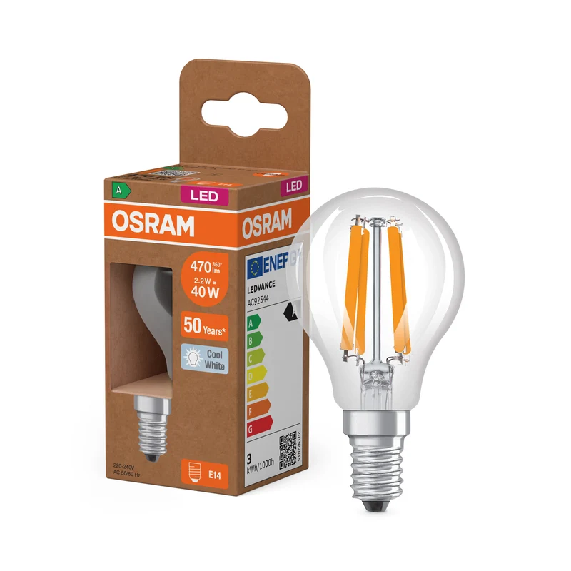 OSRAM LED CLASSIC P ENERGY EFFICIENCY A in P-Form, LED-Lampe, Bleifreies Glas, Klar, 2,2 W, (ex 40 W), 470 lm, Kaltweiß, 4000 K, Energieeffizienzklasse: A, CRI 80