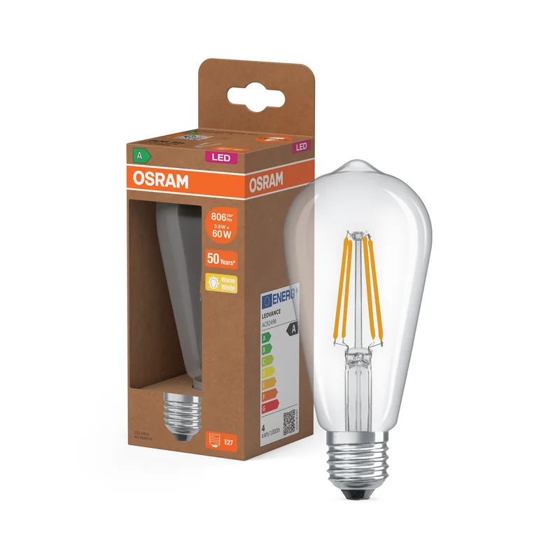 OSRAM LED LAMPS ENERGY CLASS A ENERGY EFFICIENCY FILAMENT CLASSIC EDISON in Edison-Form-Form, LED-Lampe, Bleifreies Glas, 806 lm, Warmweiß, Energieeffizienzklasse: A