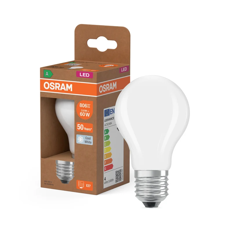 OSRAM LED LAMPS ENERGY CLASS A ENERGY EFFICIENCY FILAMENT CLASSIC A in A-Form, LED-Lampe, Bleifreies Glas, Matt, 3,8 W, 806 lm, Kaltweiß, Energieeffizienzklasse: A