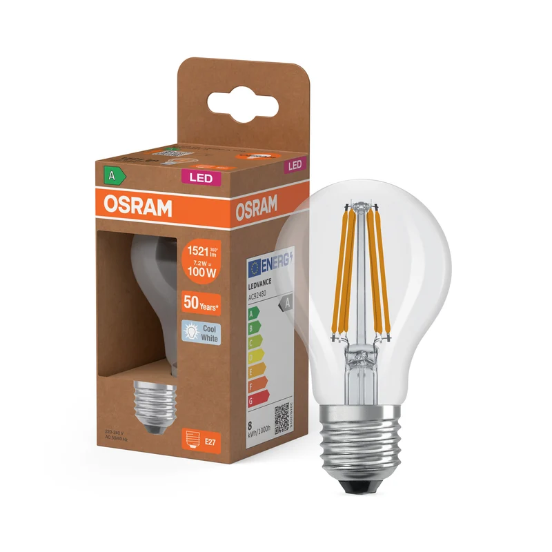 OSRAM LED LAMPS ENERGY CLASS A ENERGY EFFICIENCY FILAMENT CLASSIC A in A-Form, LED-Lampe, Bleifreies Glas, Klar, 7,2 W, 1521 lm, Kaltweiß, Energieeffizienzklasse: A