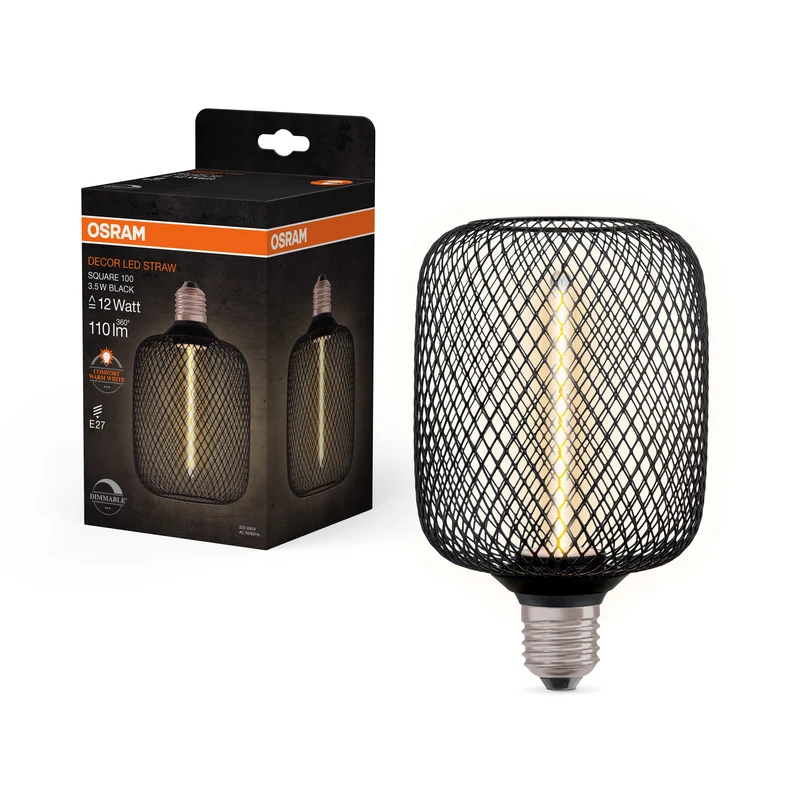 OSRAM DECOR LED Strohfilament Lampe Quadrat, Schwarz, 3.5W, 110lm , Comfort warm white , E27