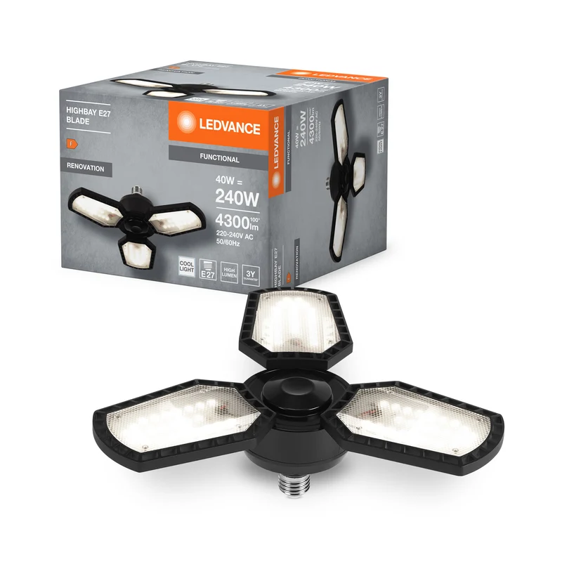 LEDVANCE Highbay Blade Deckenlampe in Schwarz, Aluminium, mit verstellbaren Lichtflügeln, bietet 40 W bzw. 4300 lm in Neutralweiß mit 4000 K, E27 Schraubgewinde, 337. 5 mm Durchmesser, IP20