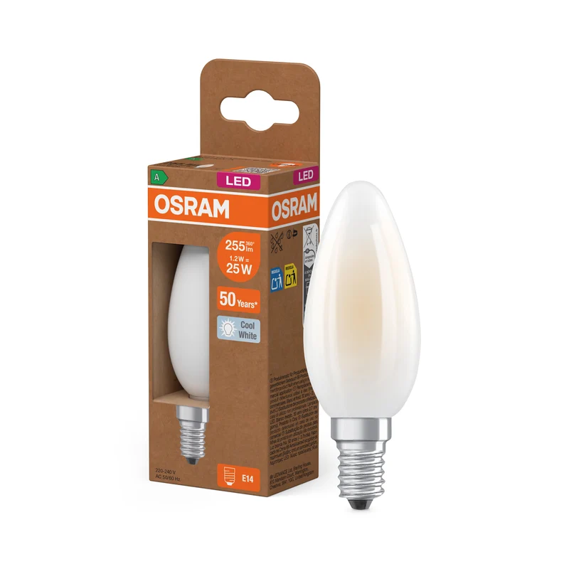 OSRAM LED CLASSIC B ENERGY EFFICIENCY A , LED-Lampe, Bleifreies Glas, Matt, 1,2 W, (ex 25 W), 255 lm, Kaltweiß, 4000 K, Energieeffizienzklasse: A, CRI 80