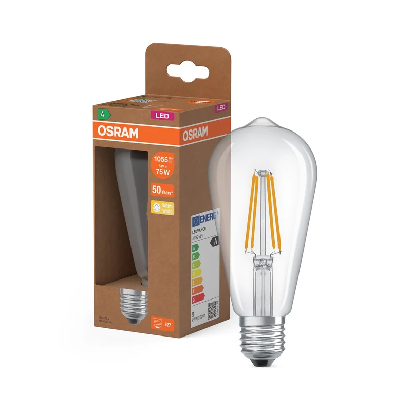 OSRAM LED LAMPS ENERGY CLASS A ENERGY EFFICIENCY FILAMENT CLASSIC EDISON , LED-Lampe, Bleifreies Glas, Klar, 5 W, (ex 75 W), 1055 lm, Warmweiß, Energieeffizienzklasse: A