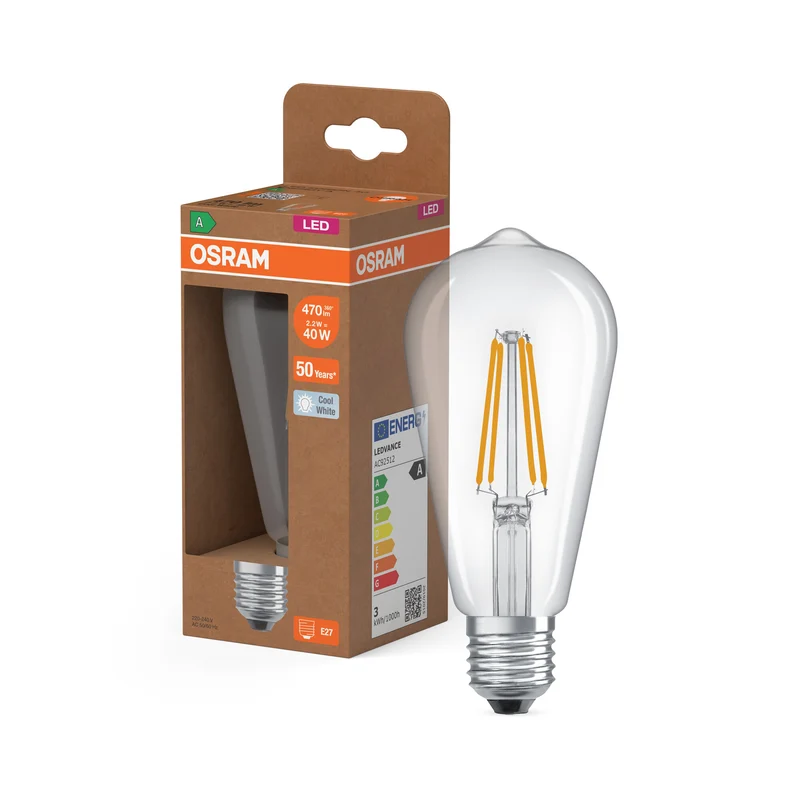 OSRAM LED LAMPS ENERGY CLASS A ENERGY EFFICIENCY FILAMENT CLASSIC EDISON , LED-Lampe, Bleifreies Glas, Klar, 2,2 W, 470 lm, Kaltweiß, Energieeffizienzklasse: A