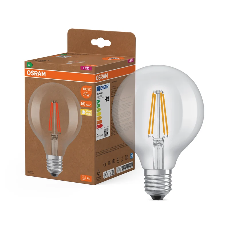 OSRAM LED LAMPS ENERGY CLASS A ENERGY EFFICIENCY FILAMENT CLASSIC Globe , LED-Lampe, Bleifreies Glas, Klar, 5 W, (ex 75 W), 1055 lm, Warmweiß, Energieeffizienzklasse: A